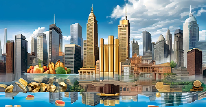 A panoramic view showing different asset categories like stocks, bonds, real estate, and commodities, representing a diversified investment portfolio in a serene setting.