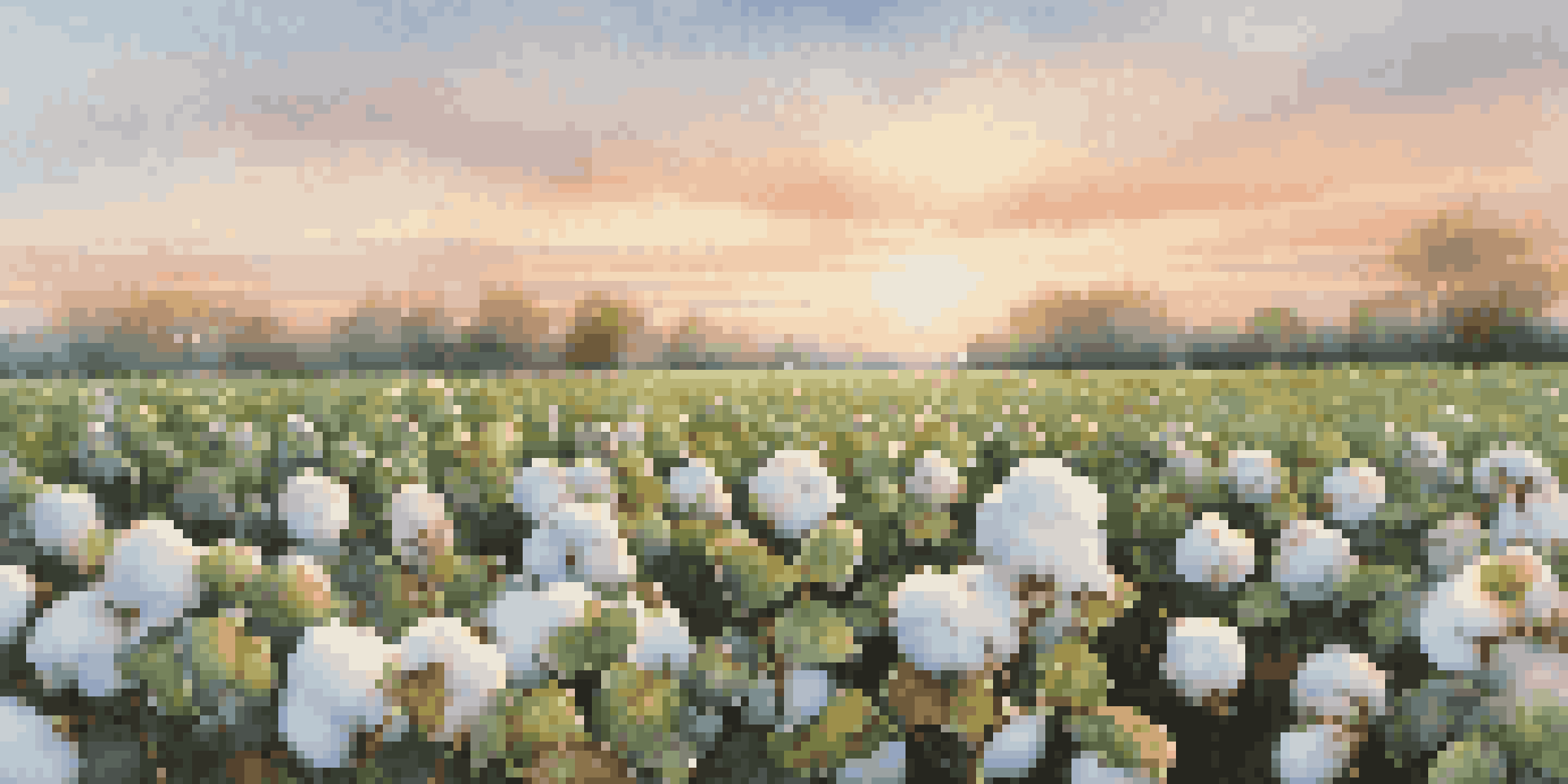 A close-up view of a cotton field at sunrise, featuring fluffy cotton bolls and green plants under a pastel-colored sky.