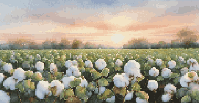 A close-up view of a cotton field at sunrise, featuring fluffy cotton bolls and green plants under a pastel-colored sky.