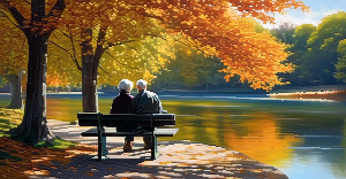 A peaceful scene of a couple sitting on a bench by a lake in autumn, with colorful trees and sunlight filtering through the leaves.