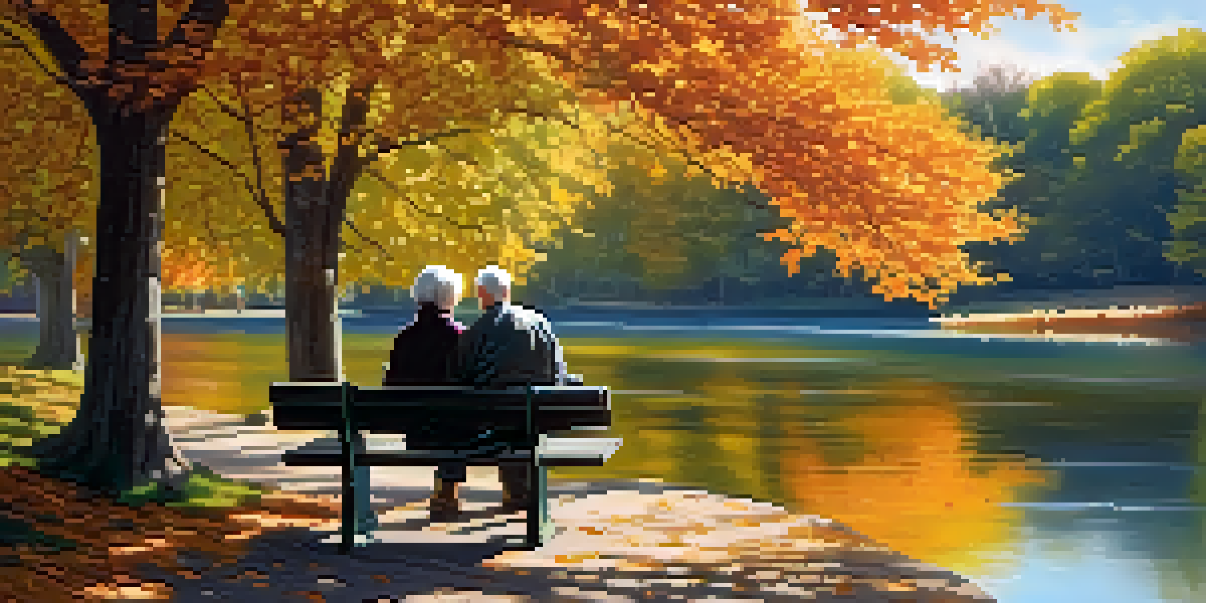 A peaceful scene of a couple sitting on a bench by a lake in autumn, with colorful trees and sunlight filtering through the leaves.