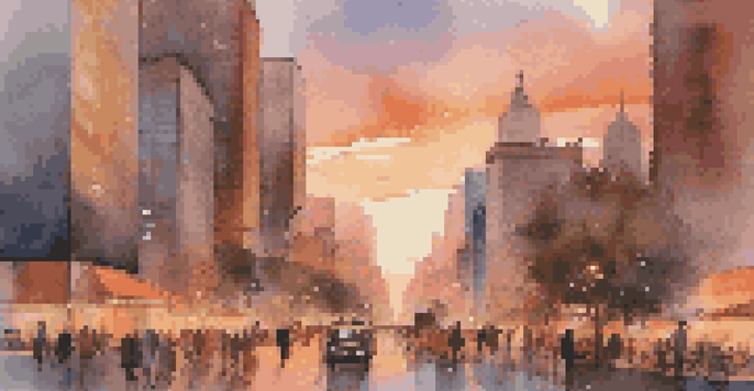 A vibrant city skyline at sunset with modern skyscrapers and bustling streets filled with people and vehicles.