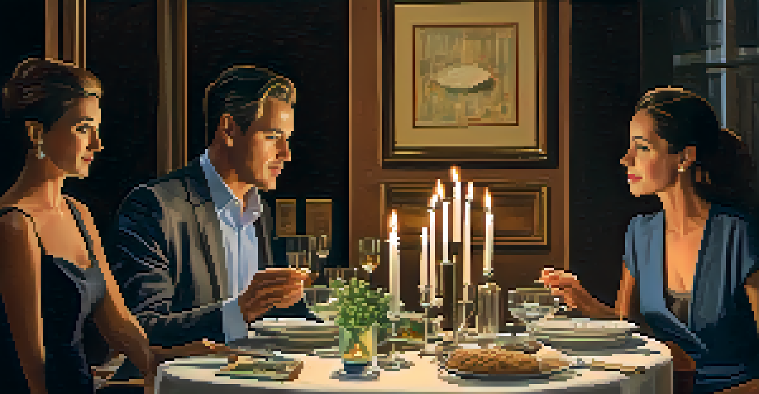 A couple at a dining table discussing budgeting with candles and a notebook.