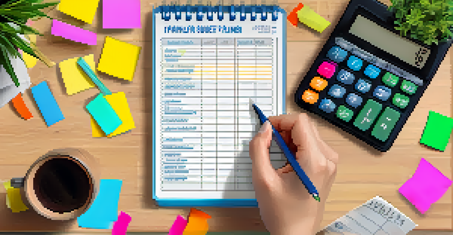Close-up of hands holding a budget planner with sticky notes and a calculator, symbolizing family financial planning.