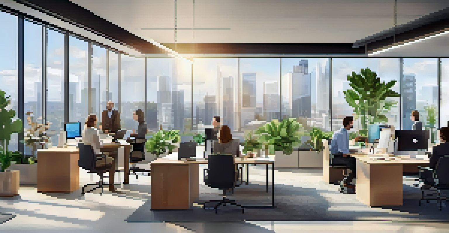 A bright office with professionals discussing investment strategies, surrounded by plants and a city view.