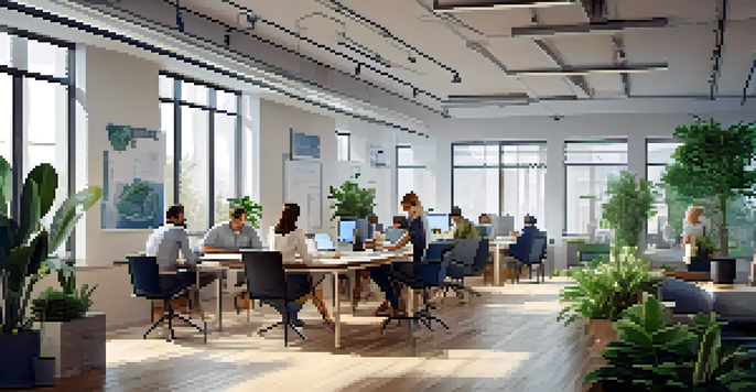 A bright office space with diverse employees discussing financial regulations around a table with laptops and documents.
