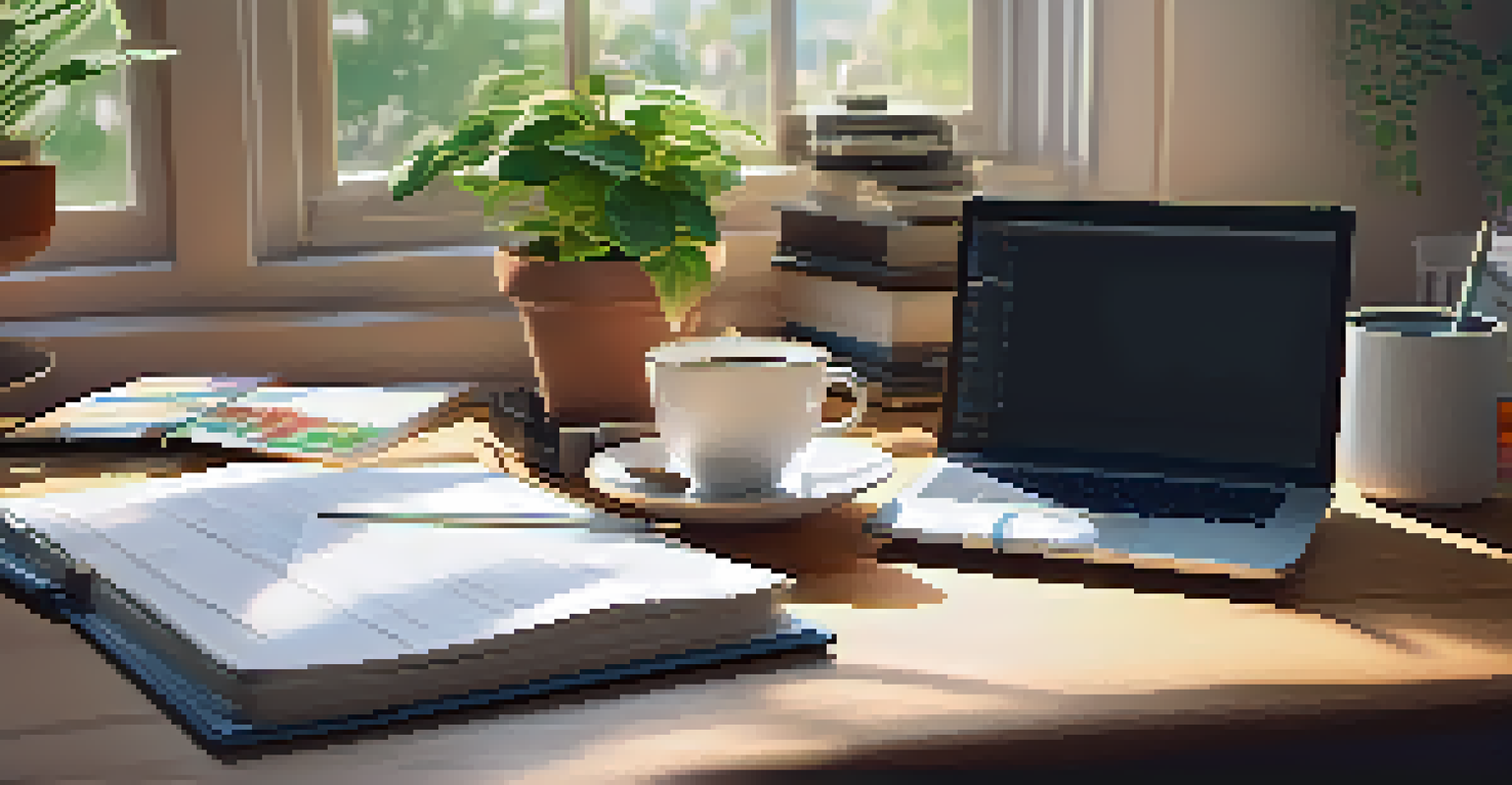 A cozy workspace with a wooden desk, financial planning materials, a laptop, and a cup of coffee illuminated by soft sunlight.