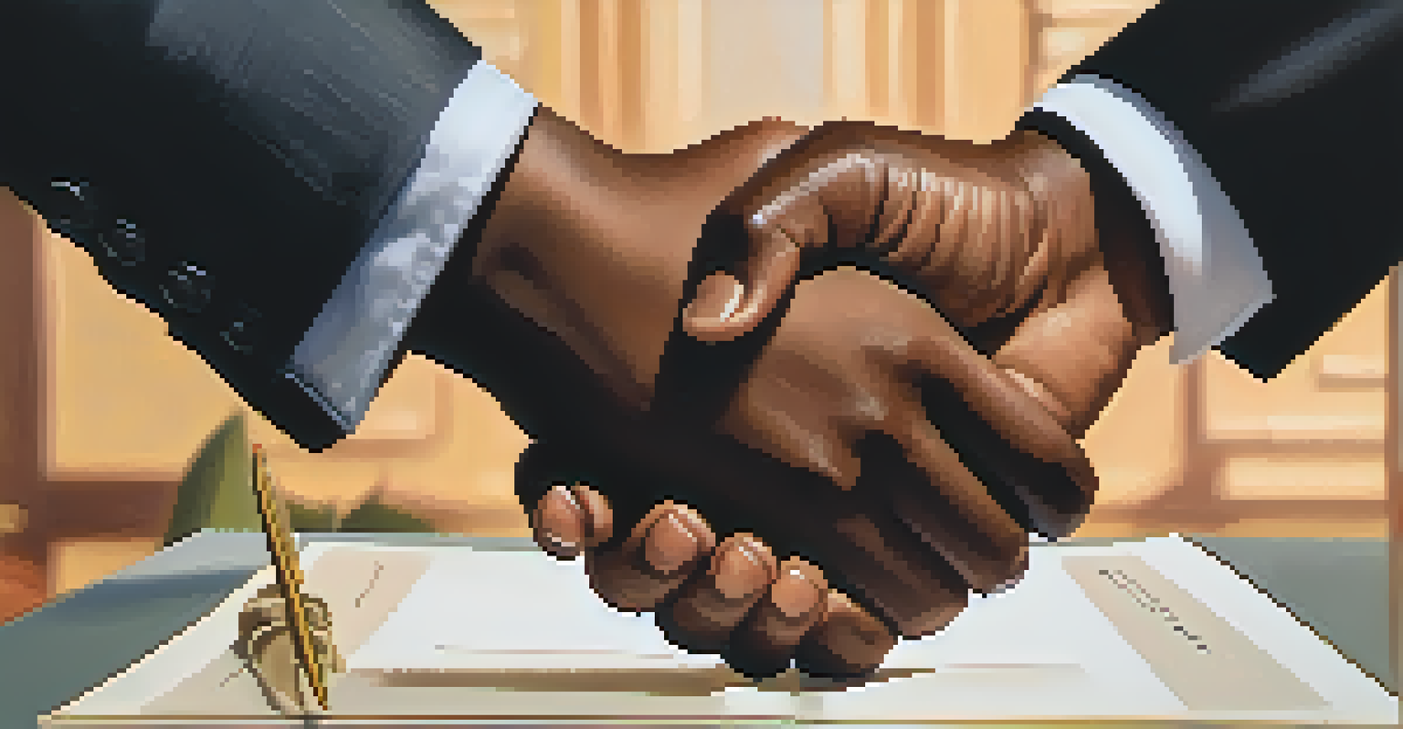 Close-up of two hands shaking over a contract, symbolizing trust and agreement in negotiation.