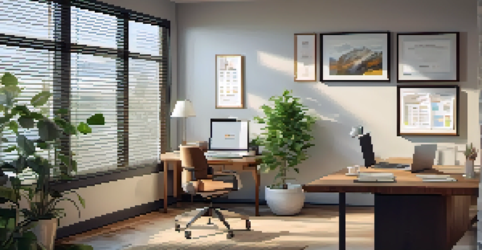 A peaceful office setting featuring a wooden desk with a laptop, plants, and framed certificates, bathed in natural light.