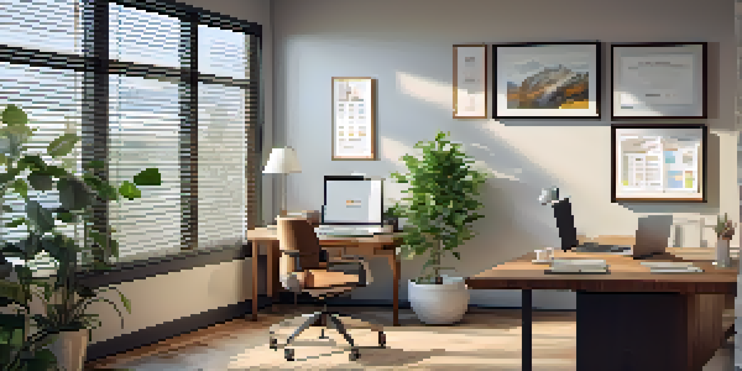 A peaceful office setting featuring a wooden desk with a laptop, plants, and framed certificates, bathed in natural light.
