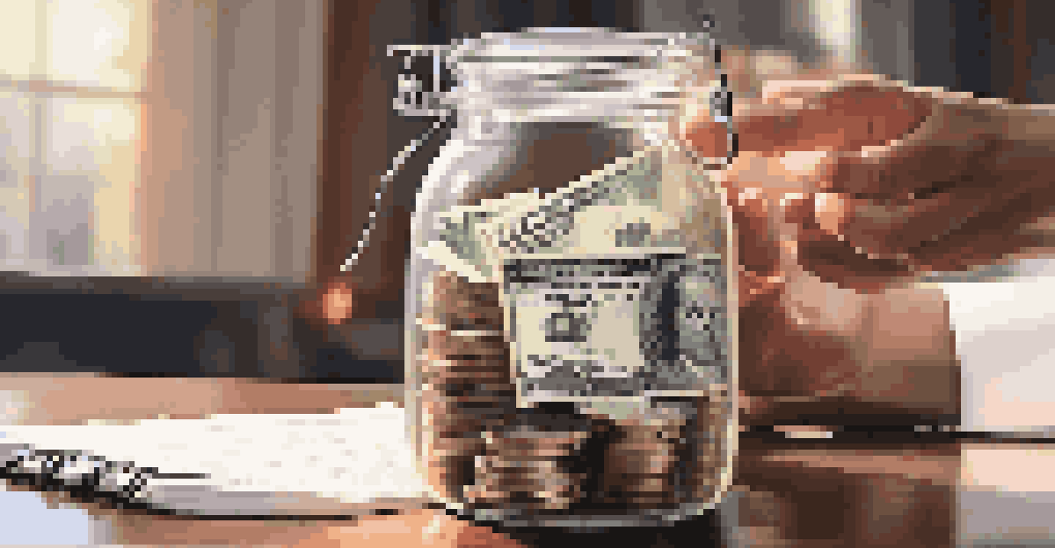 Hands holding a glass jar filled with cash, placed beside a financial planner on a table.
