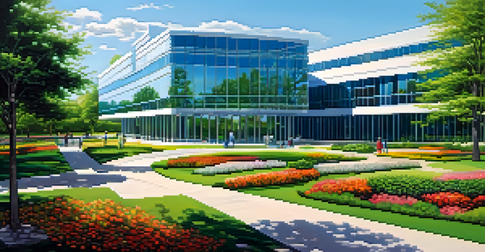 A modern office building surrounded by green parks and trees on a sunny day, with a pathway leading to the entrance.