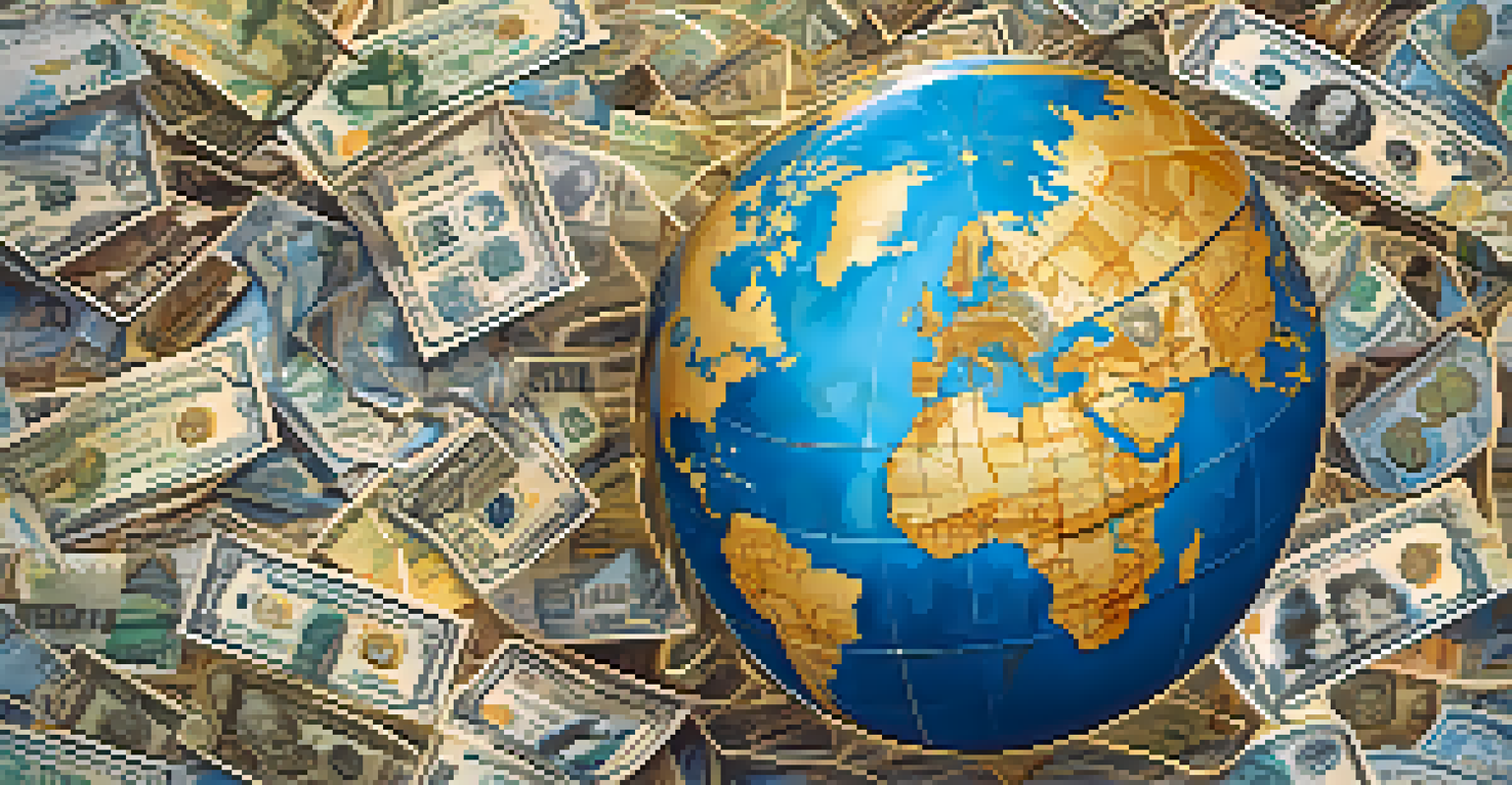 A globe with interconnected lines and various currency notes and coins around it, symbolizing globalization in finance.
