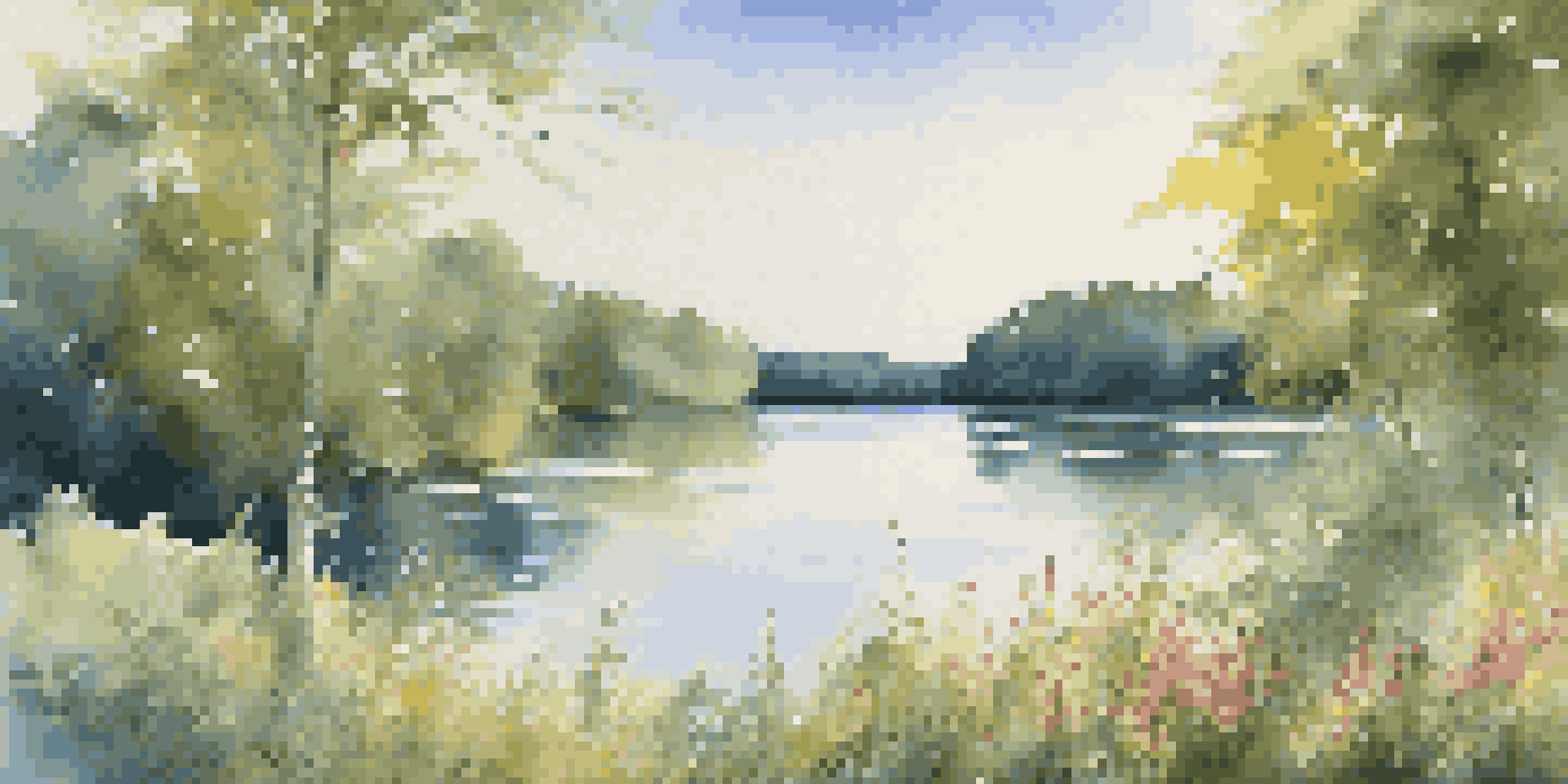 A peaceful lake scene with green trees, a blue sky, and blooming wildflowers in the foreground.