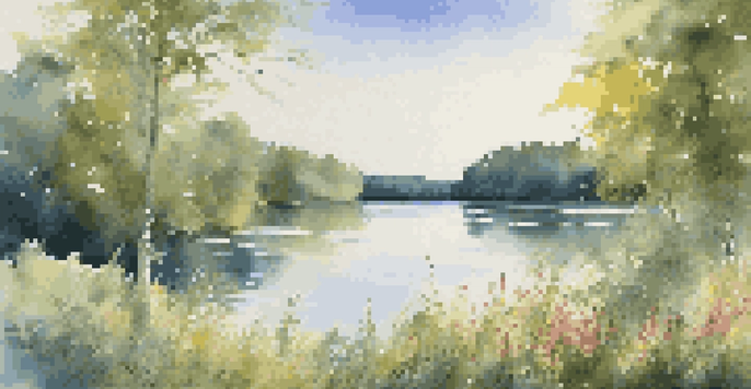 A peaceful lake scene with green trees, a blue sky, and blooming wildflowers in the foreground.