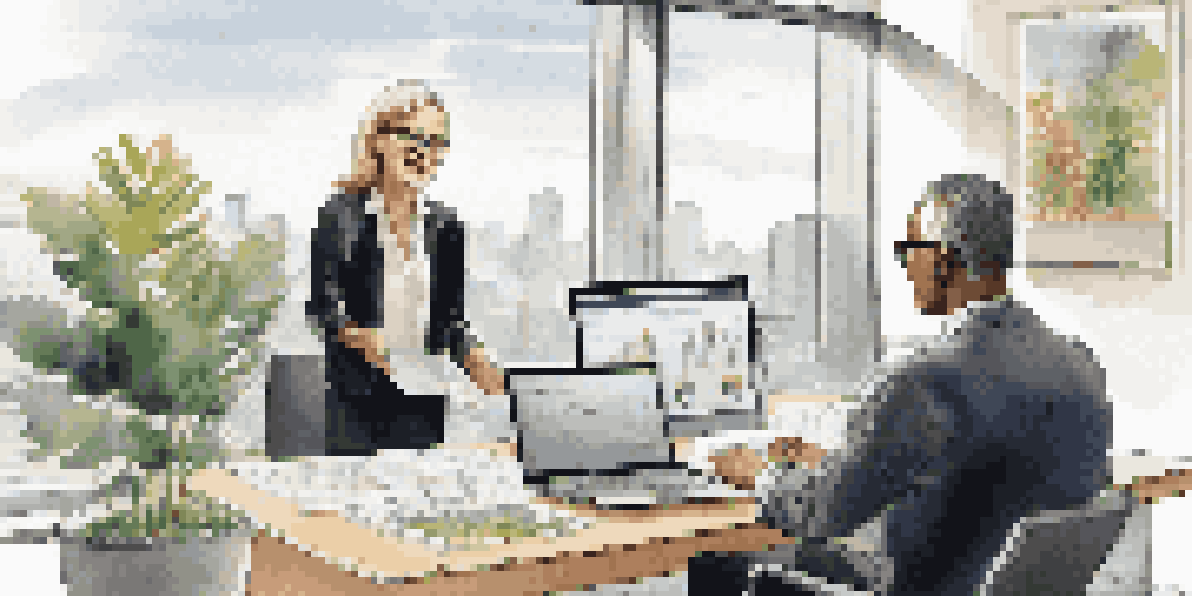 A financial advisor discussing investment strategies with a young couple in a modern office filled with natural light.