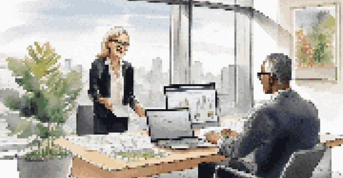 A financial advisor discussing investment strategies with a young couple in a modern office filled with natural light.