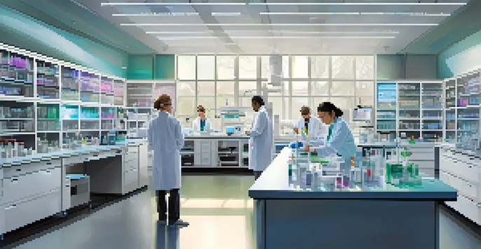 A busy biotech laboratory where scientists are engaged in genetic research, surrounded by advanced equipment and colorful samples under bright natural lighting.