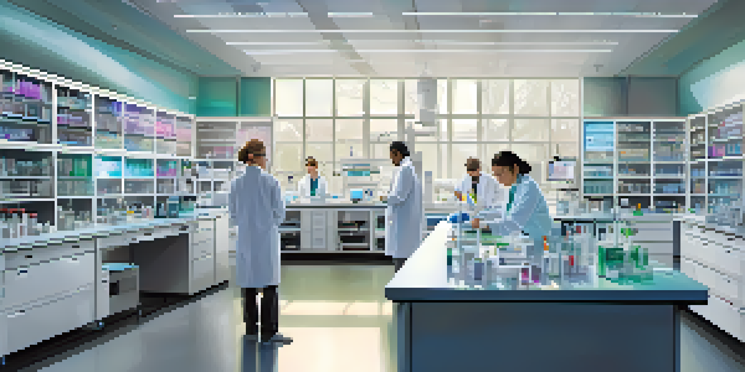 A busy biotech laboratory where scientists are engaged in genetic research, surrounded by advanced equipment and colorful samples under bright natural lighting.