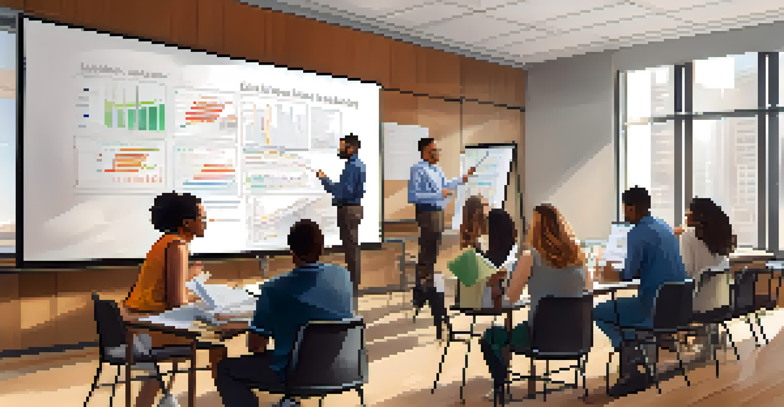 A diverse group of individuals in a financial literacy workshop, actively discussing with charts and books around them.