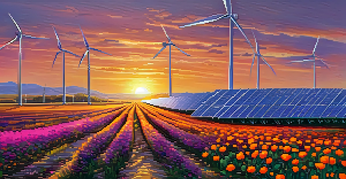 A solar farm at sunset with solar panels reflecting sunlight, a colorful sky, and wildflowers in the foreground.