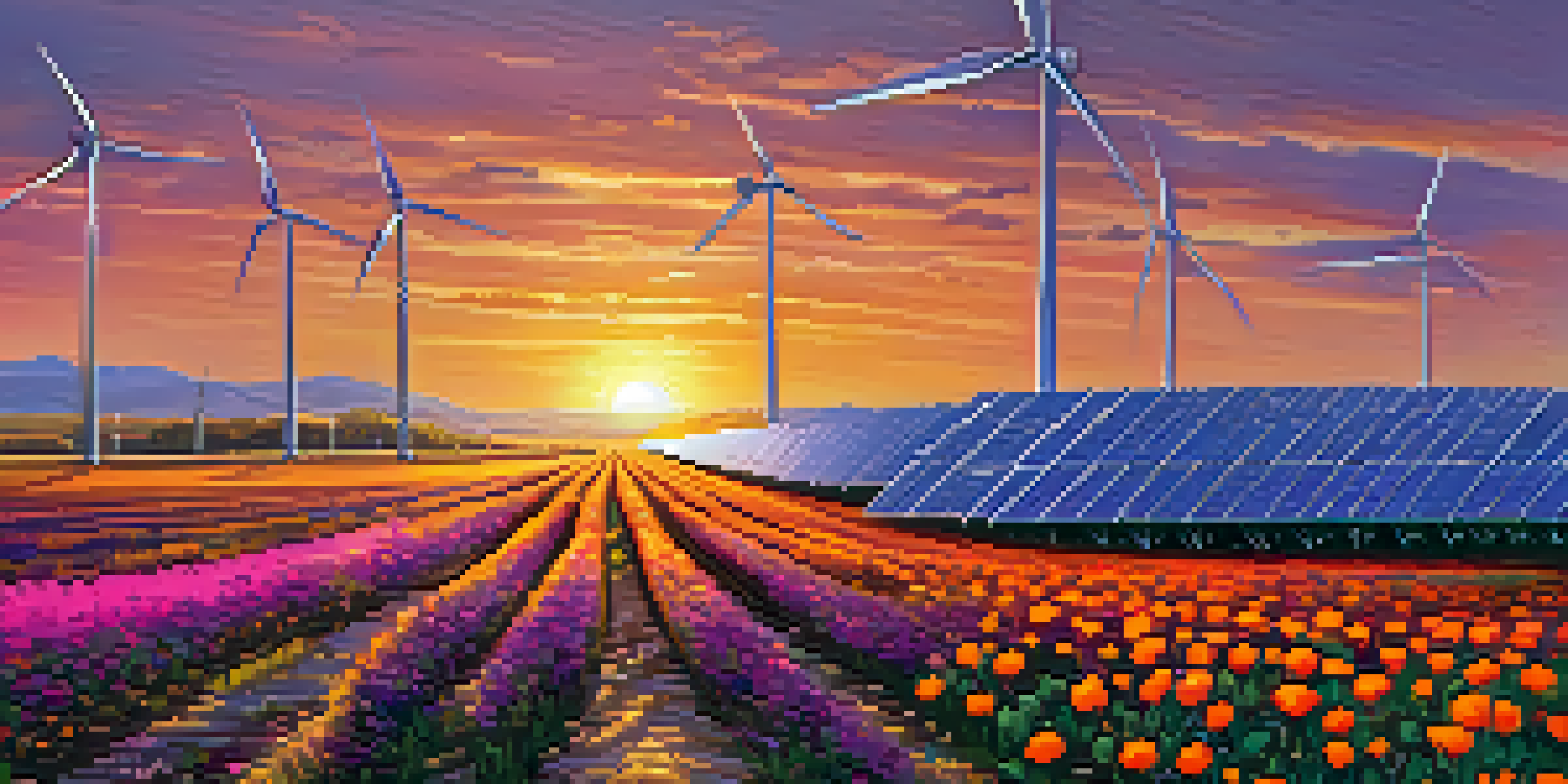 A solar farm at sunset with solar panels reflecting sunlight, a colorful sky, and wildflowers in the foreground.