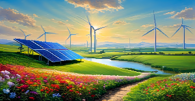 A picturesque landscape featuring solar panels and wind turbines amidst a green field and a clear river, symbolizing renewable energy and environmental sustainability.