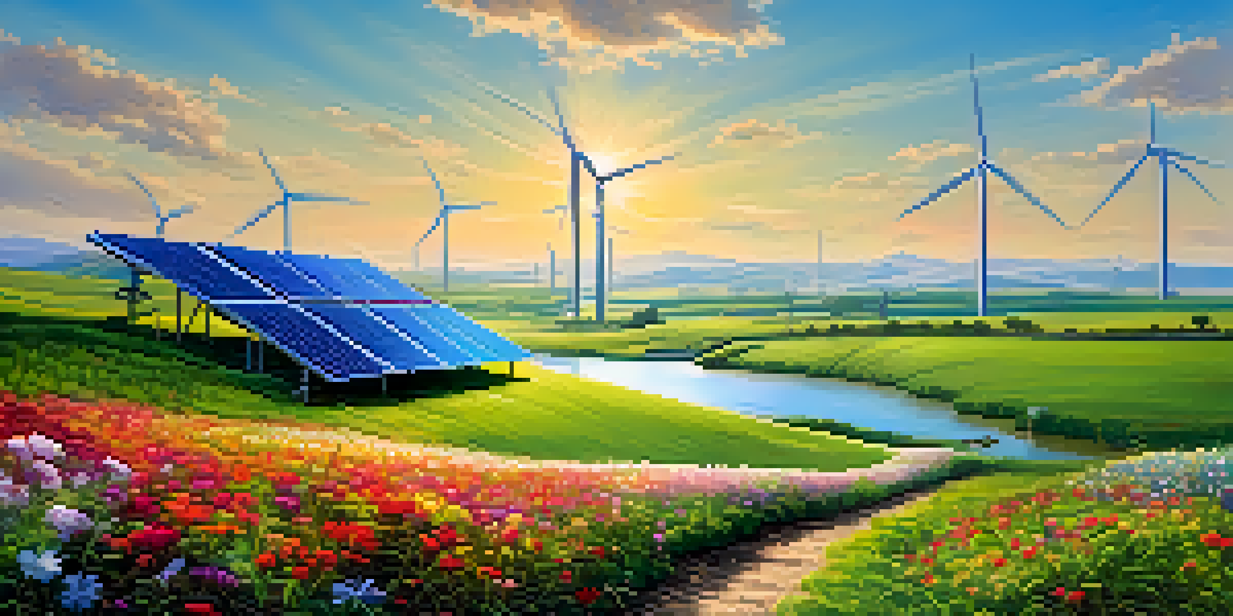 A picturesque landscape featuring solar panels and wind turbines amidst a green field and a clear river, symbolizing renewable energy and environmental sustainability.