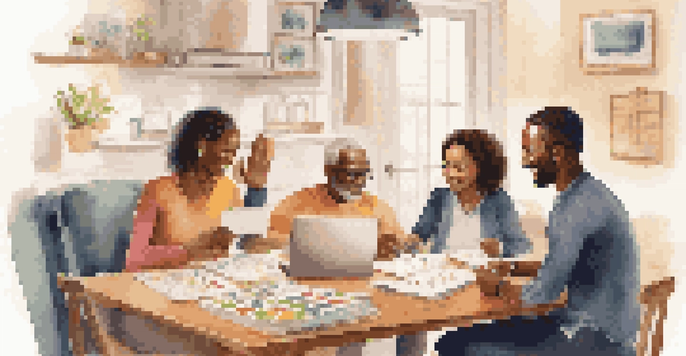 A family of diverse ages discussing financial planning at a dining table with charts and a laptop.