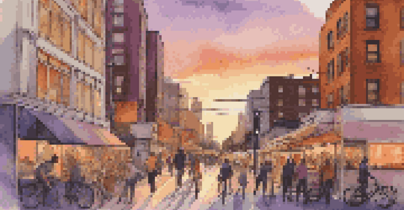 An urban skyline at sunset with a mix of buildings and a busy street scene filled with people and a food truck.