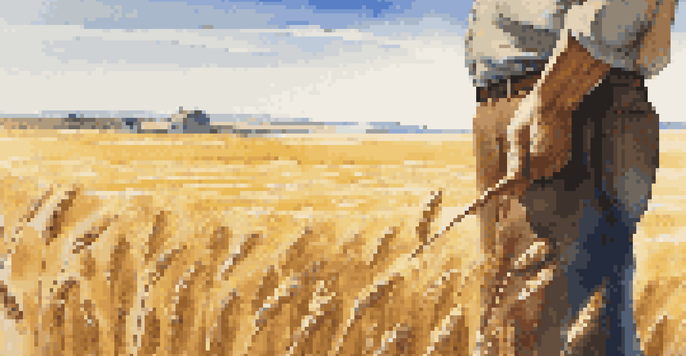 A farmer examines golden wheat fields under a clear blue sky, highlighting the grains in the sunlight.