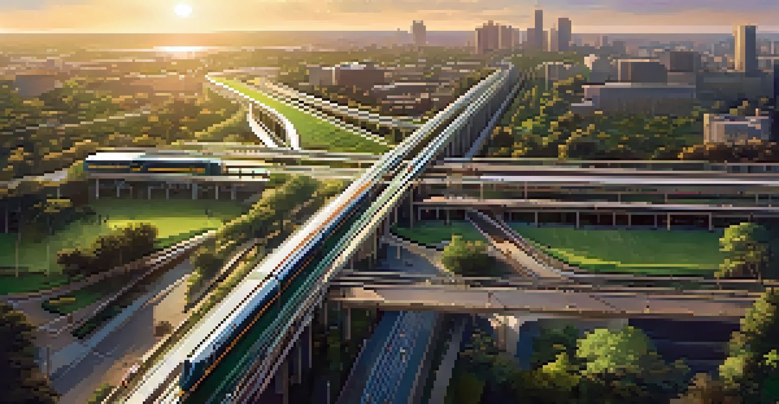 An aerial view of a mass transit system with elevated train tracks and modern stations surrounded by greenery and parks during golden hour.