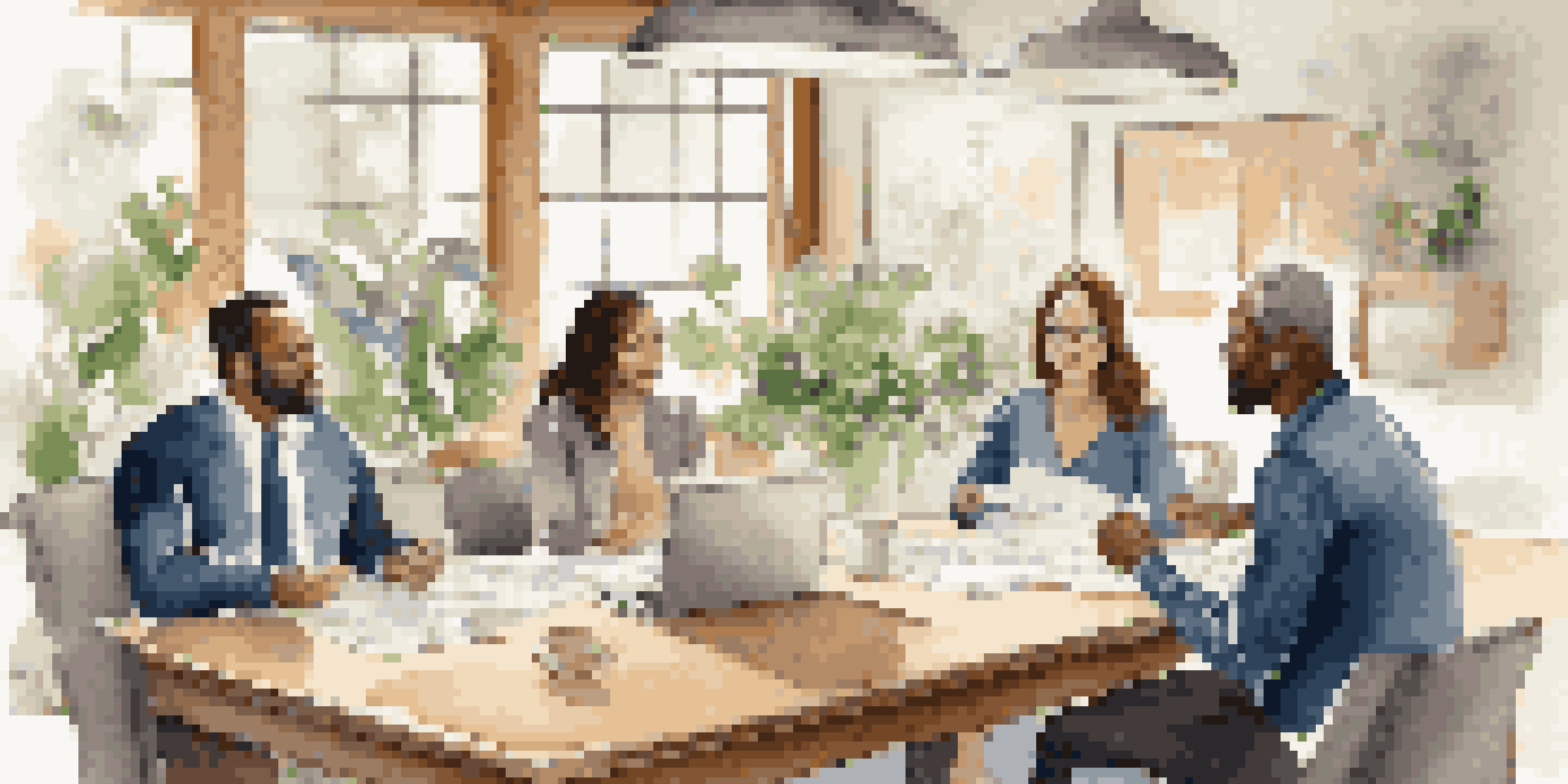 A family meeting in a bright conference room discussing investment strategies with documents and a laptop on the table.