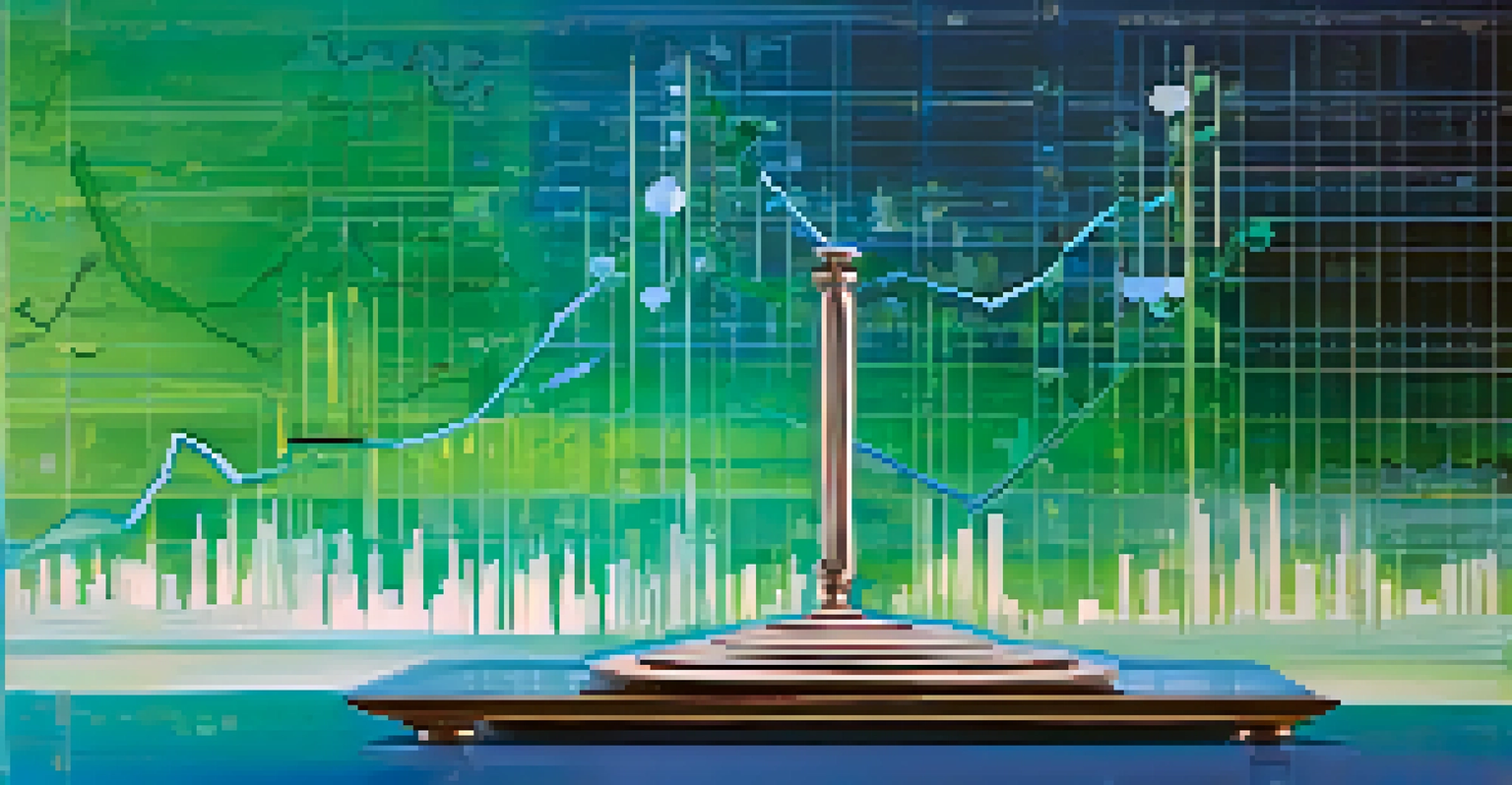 An abstract balance scale showing 'Gains' and 'Losses' against a blue and green gradient background with stock market graphs.