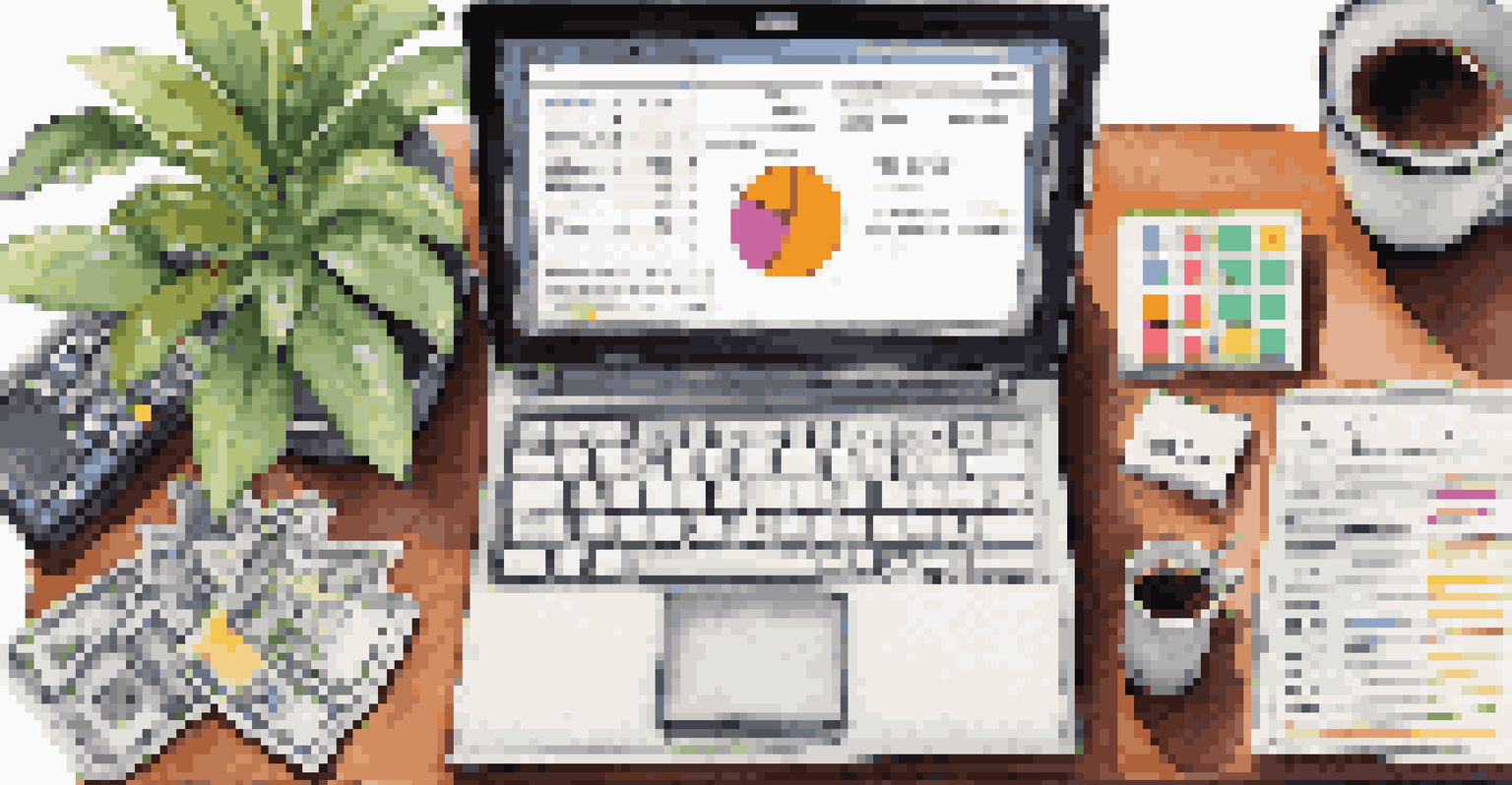 An overhead view of a financial analyst's workspace with a laptop, calculator, and colorful post-it notes on a desk.