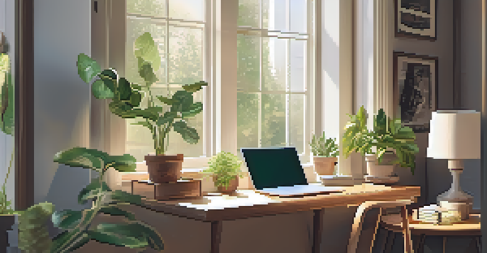 A warm and inviting home office with a wooden desk, a laptop, and plants by the window, illuminated by sunlight.