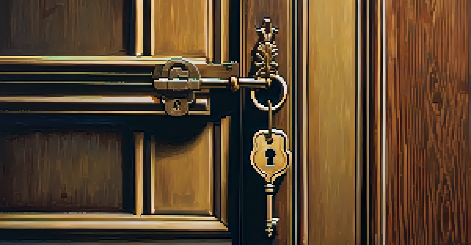 A close-up of a golden key being held in front of a vintage lock and wooden door.