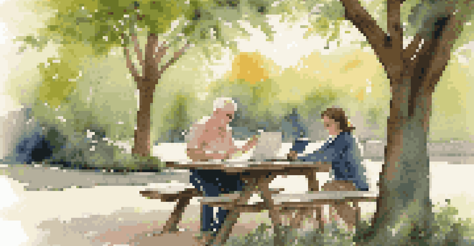 A small business owner reviewing financial documents outdoors at a picnic table, surrounded by greenery and sunlight.