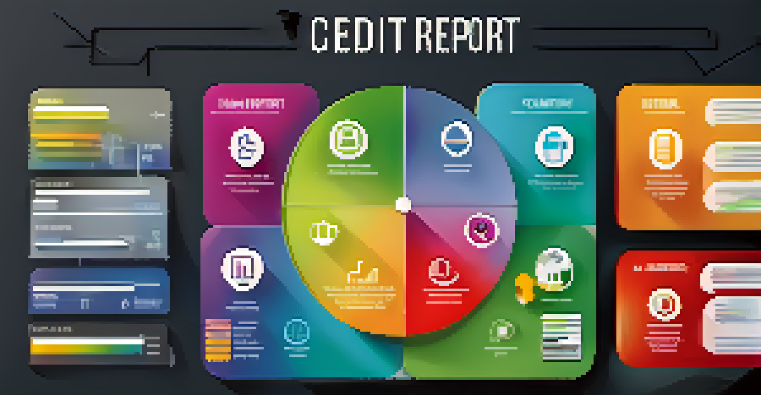 An infographic illustrating the components of a credit report, with colorful icons and a light gradient background.