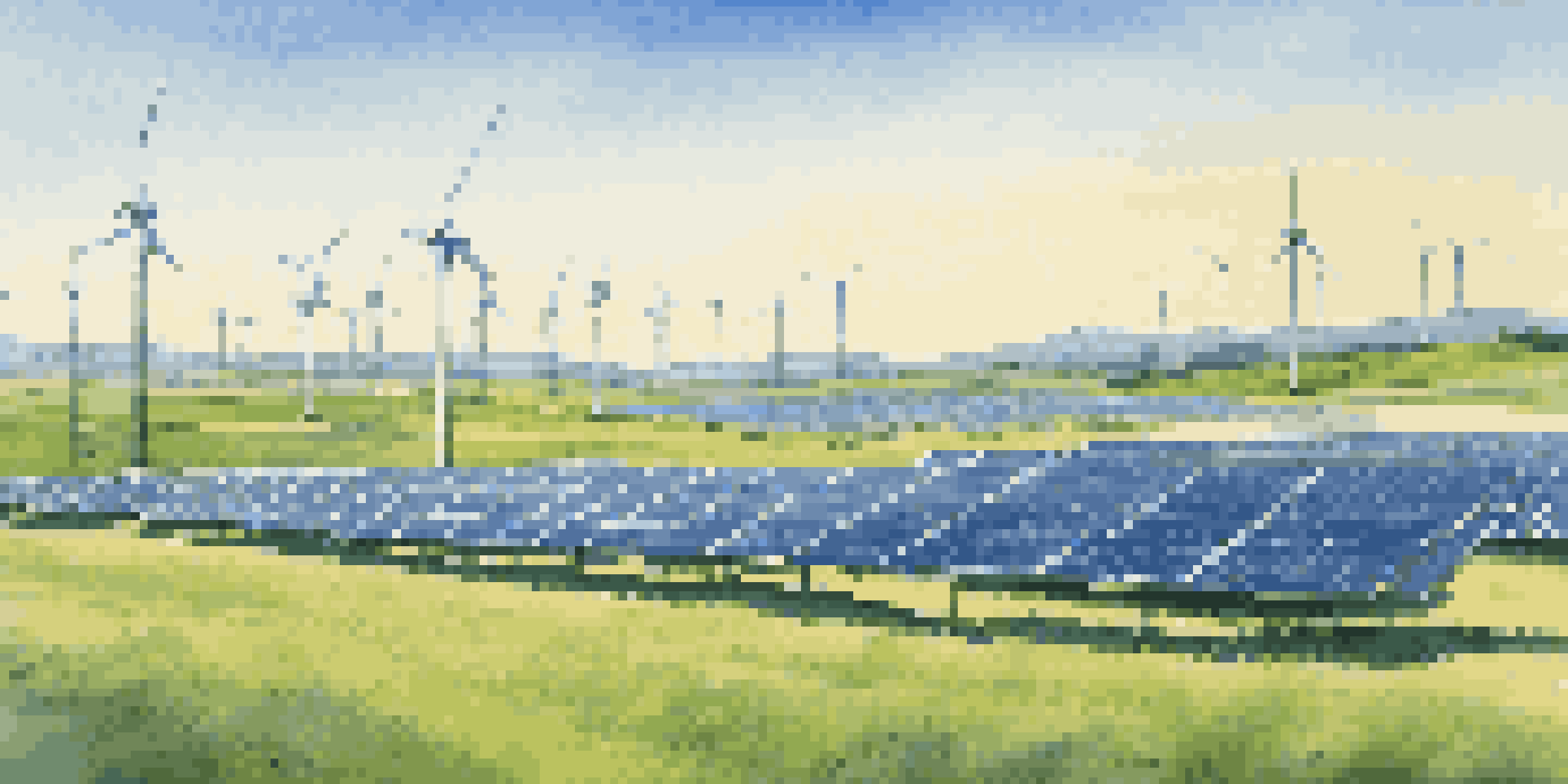 A landscape filled with solar panels and wind turbines under a clear sky, representing renewable energy.
