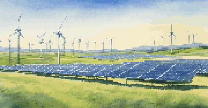 A landscape filled with solar panels and wind turbines under a clear sky, representing renewable energy.