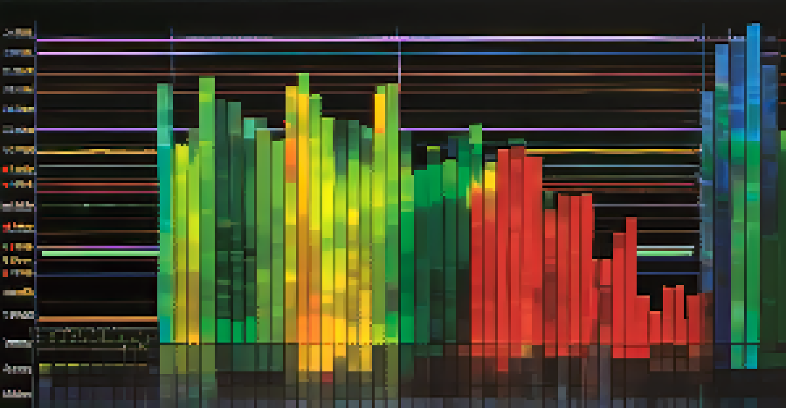 A colorful financial graph showing market fluctuations with green and red colors against a dark backdrop.