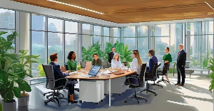 A diverse group of financial professionals in a bright office discussing ethical guidelines and risk management strategies.