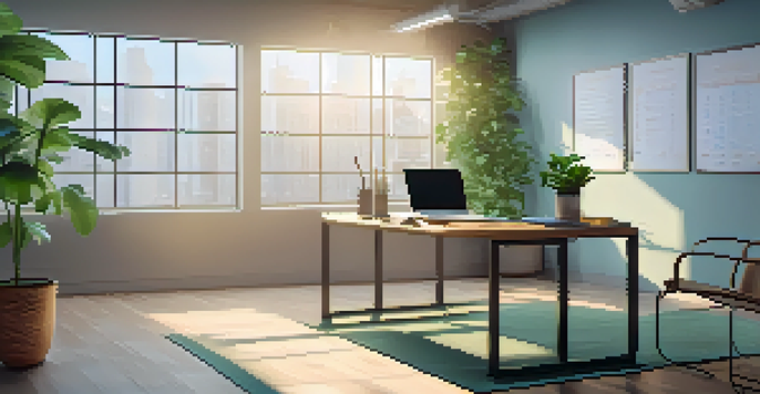 A bright and serene office space featuring a wooden desk with a laptop and plants, illuminated by sunlight filtering through large windows.