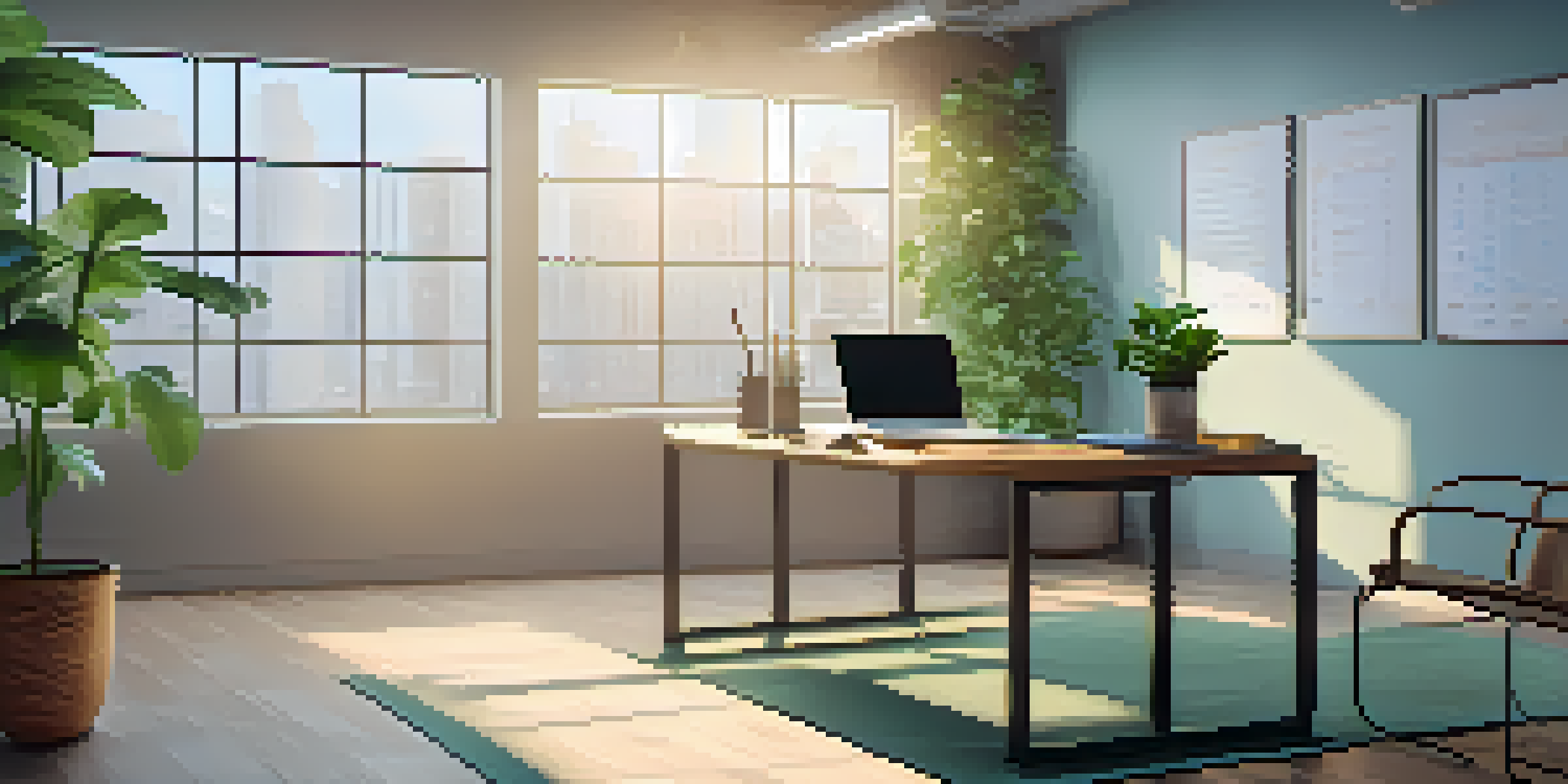 A bright and serene office space featuring a wooden desk with a laptop and plants, illuminated by sunlight filtering through large windows.