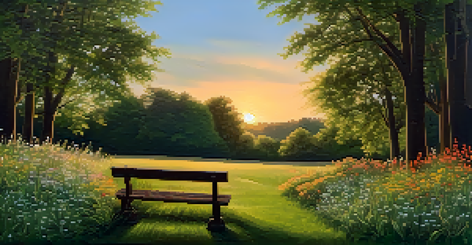 A wooden bench in a green park at sunset, surrounded by trees and wildflowers, promoting tranquility and simplicity.