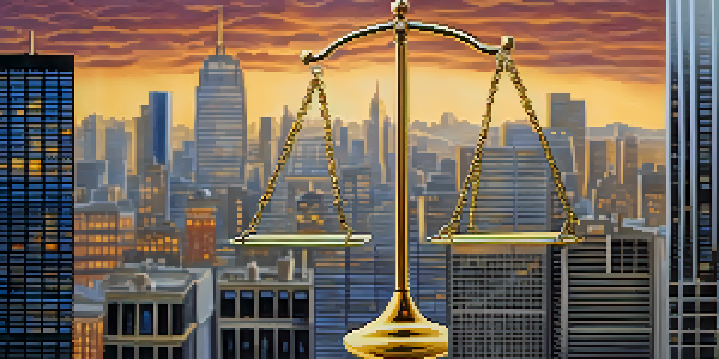 A balanced scale with 'Confidence' and 'Caution' in a financial district at sunset.