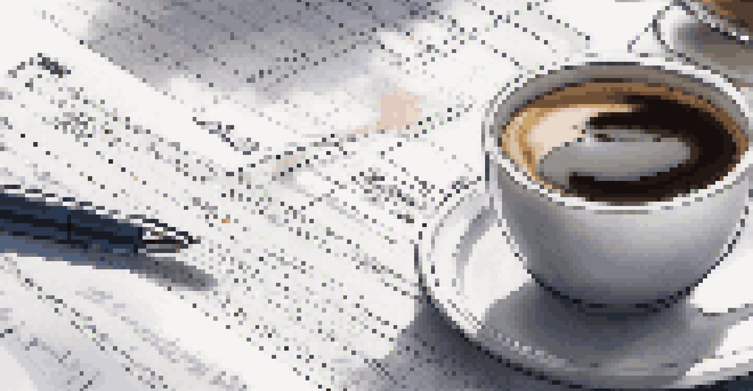 A hand holding a pen over a detailed exit strategy document, with a laptop and a cup of coffee in the background.