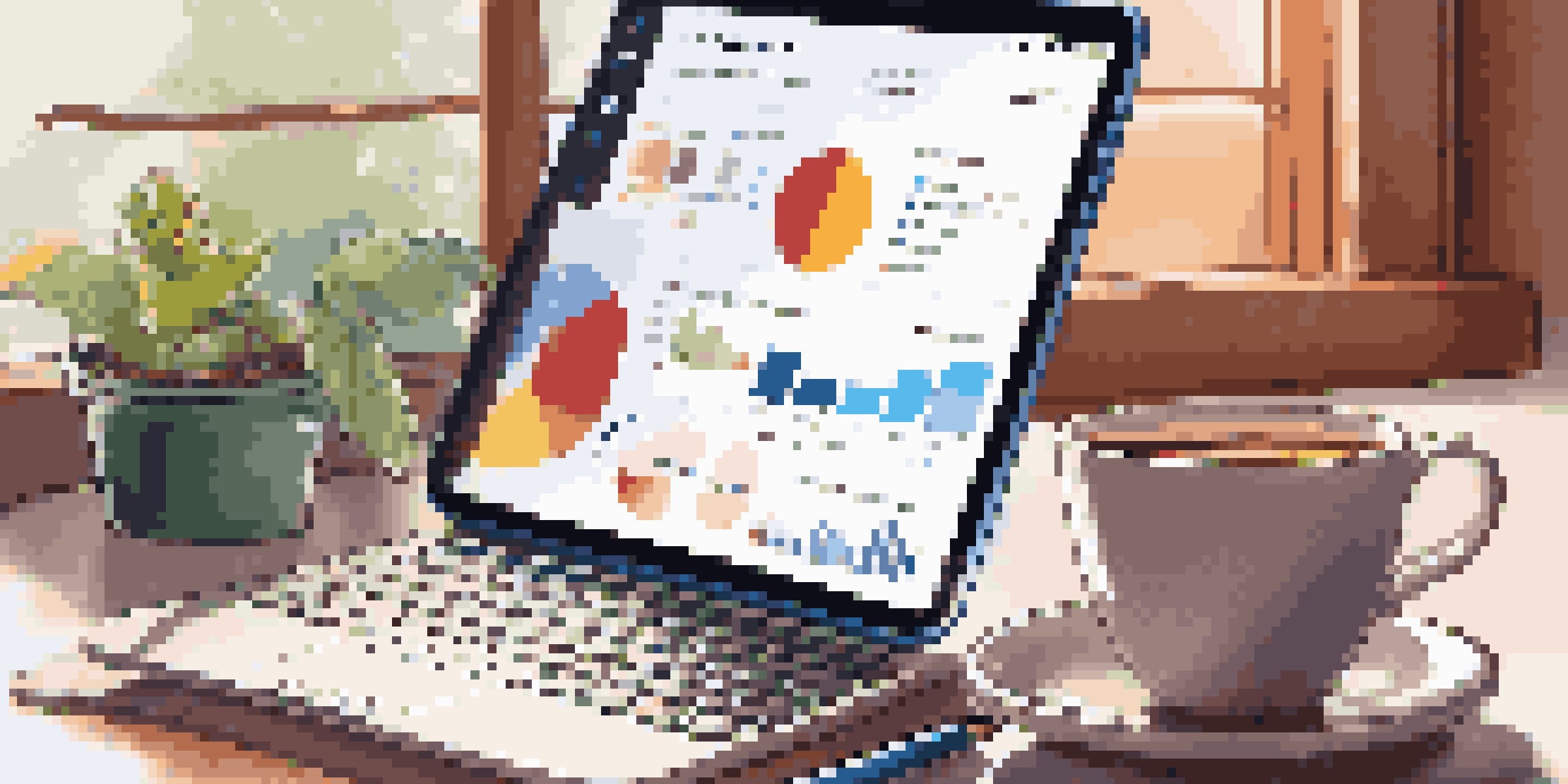 A smartphone displaying a social media feed with colorful financial infographics, surrounded by a cozy workspace.