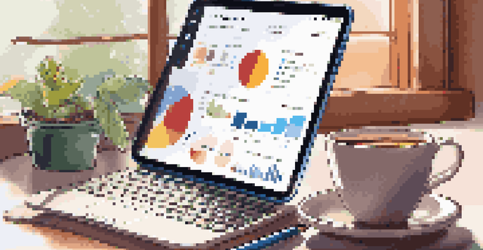 A smartphone displaying a social media feed with colorful financial infographics, surrounded by a cozy workspace.